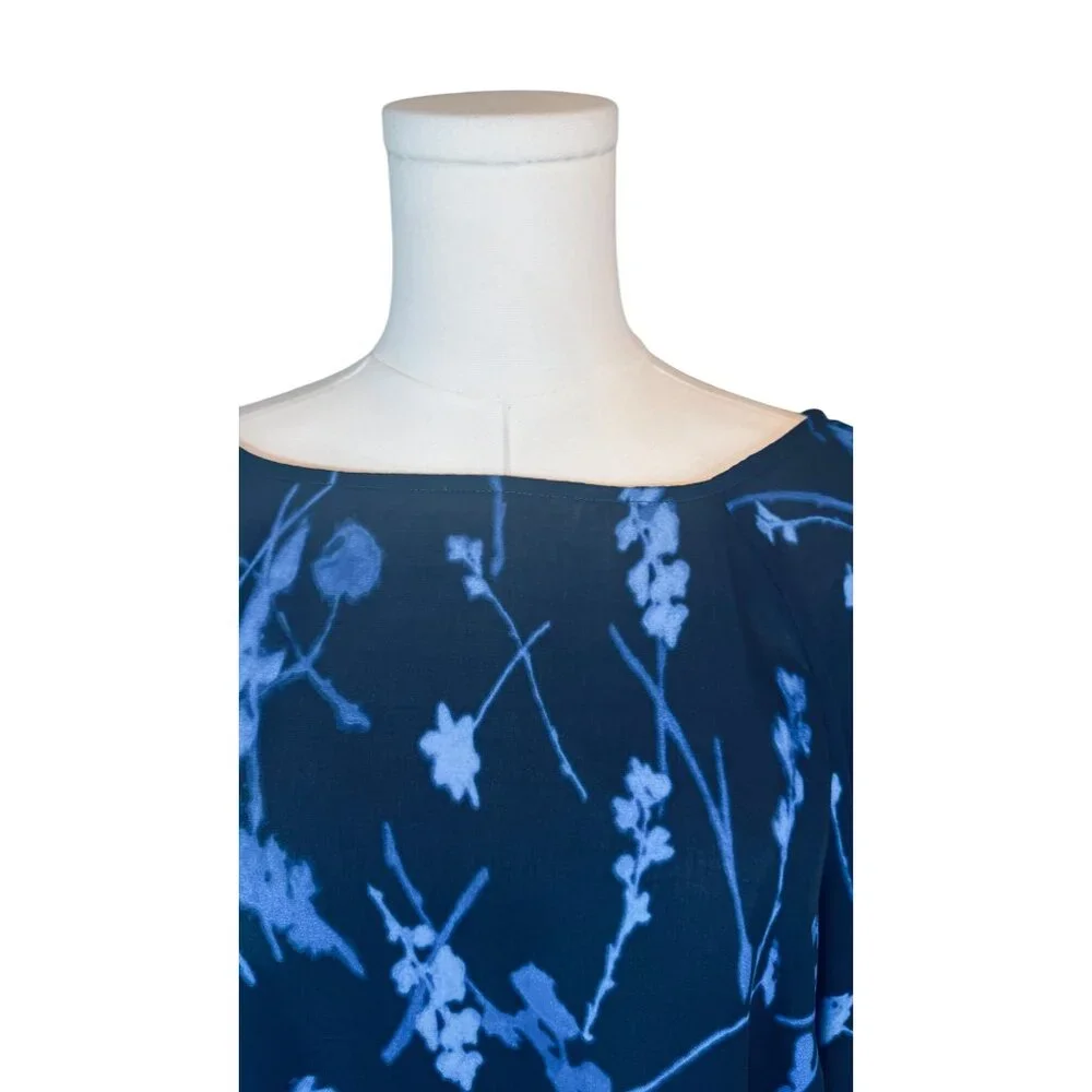 Banana Republic Large Flowy Blue Floral Print Long Bell Sleeve Blouse